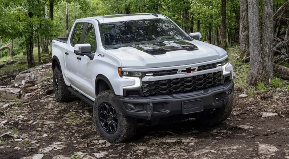 A white 2023 Chevy Silverado 1500 ZR2 Bison is shown from the front off-roading.