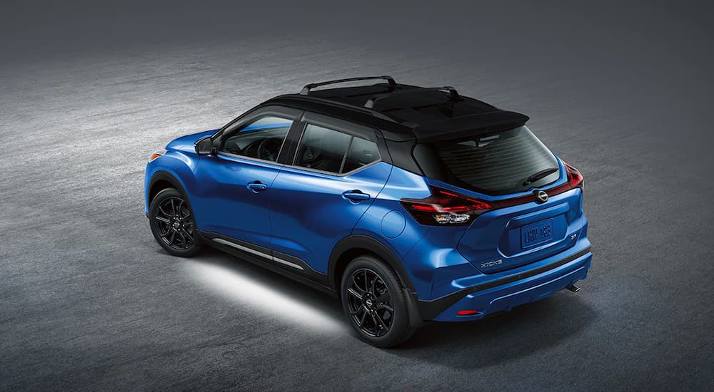 A blue 2022 Nissan Kicks SR is shown from a high angle.