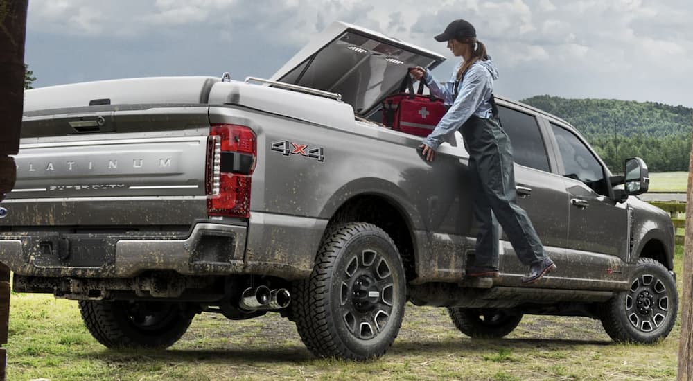 A grey 2023 Ford F-350 Platinum is shown from the rear parked in a field.