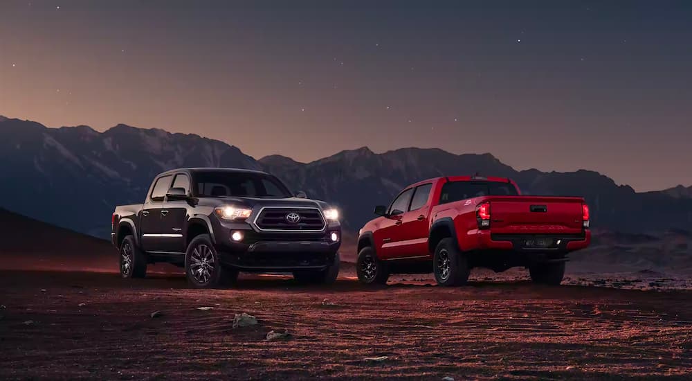 A black 2023 Toyota Tacoma SR5 and a red SX are shown facing opposite directions.