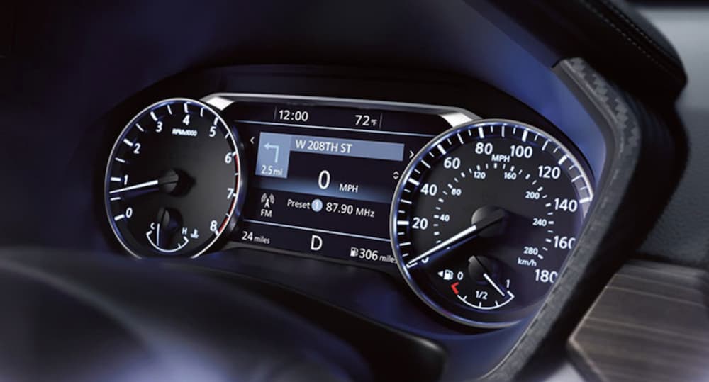  close up shows the gauge cluster in a 2020 Nissan Altima.