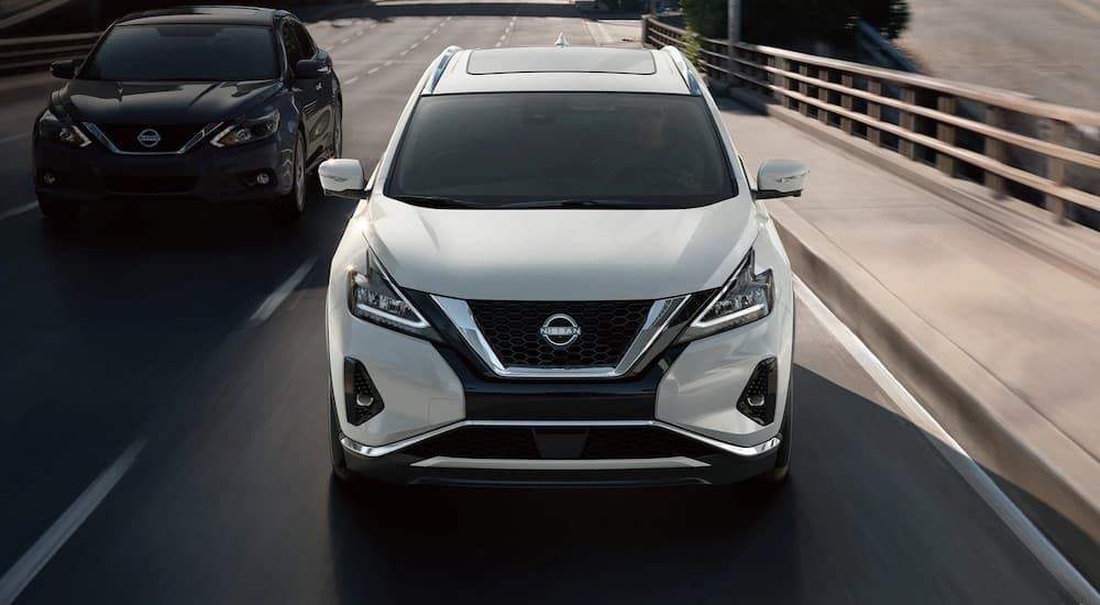 A white 2023 Nissan Murano is shown from the front.