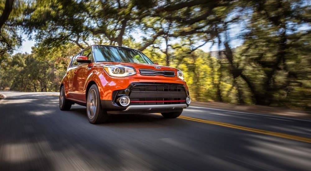 An orange 2019 Kia Soul is shown from a front angle driving on a tree-lined road.