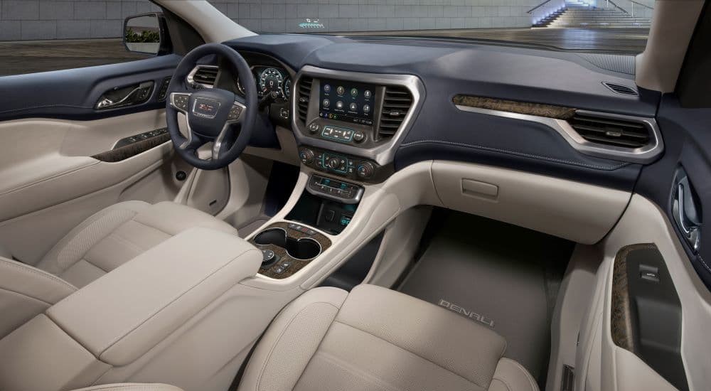 A close up shows the dash in a 2020 GMC Acadia for sale.