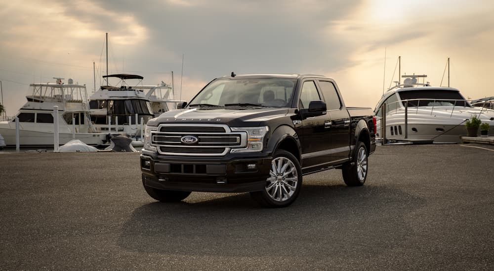 A black 2019 Ford F-150 Limited is shown parked in an open lot at a marina.