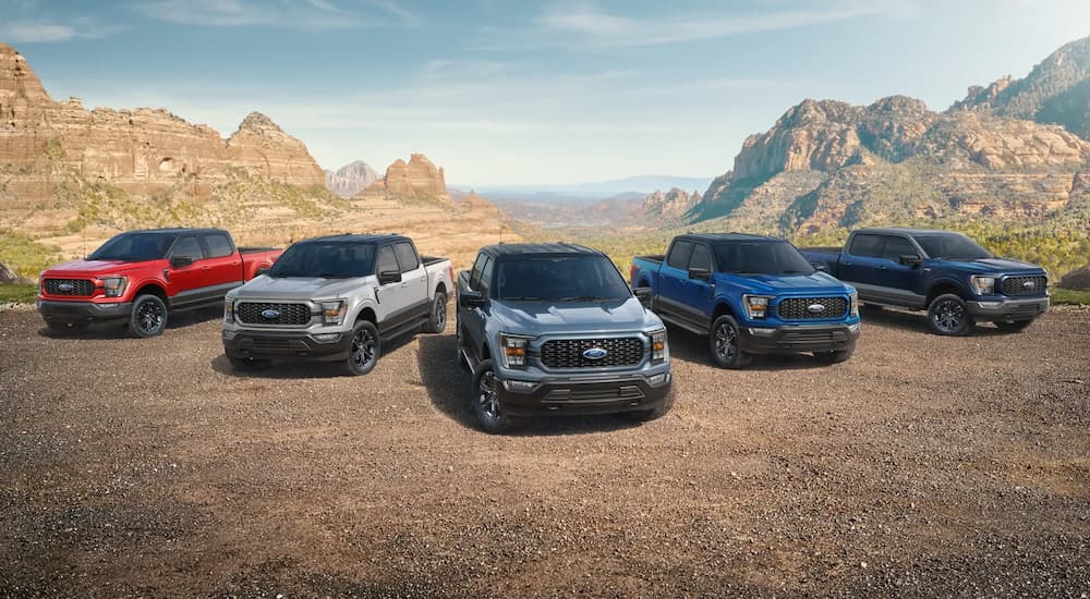 Five 2023 Ford F-150 trucks, the most popular model looking at car sales, in a variety of colors are shown lined up against an arid mountain backdrop.