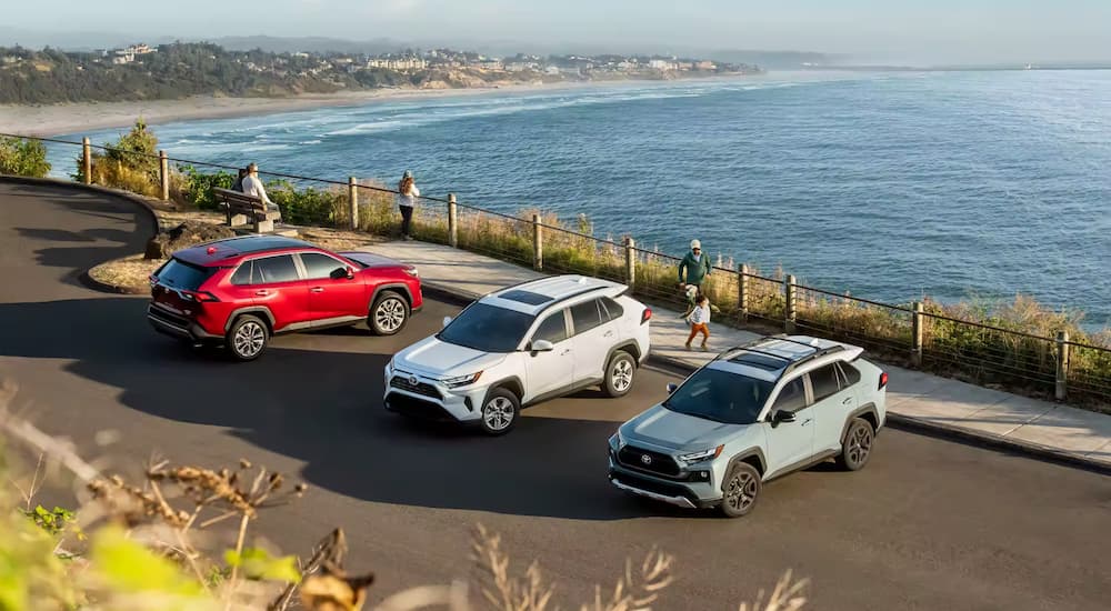 Three 2023 Toyota RAV4 SUVs, the most popular SUV in America, are shown parked beside the ocean.