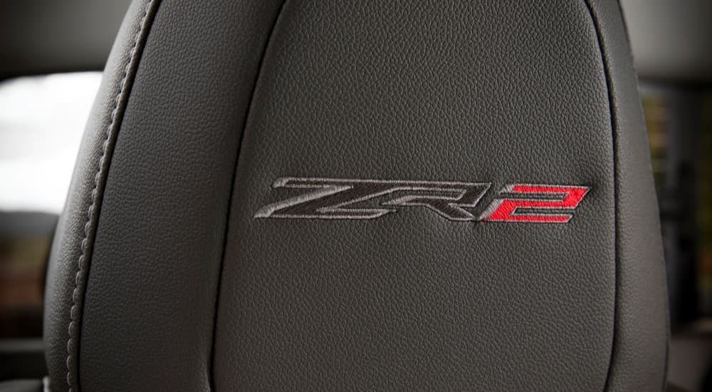A close up shows the ZR2 stitching on the headrest in a great Chevrolet military special, a 2017 Chevy Colorado ZR2.
