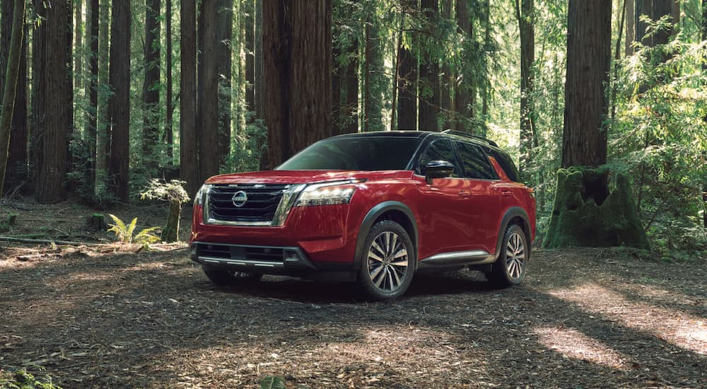 A red 2023 Nissan Pathfinder is shown parked in a forest.