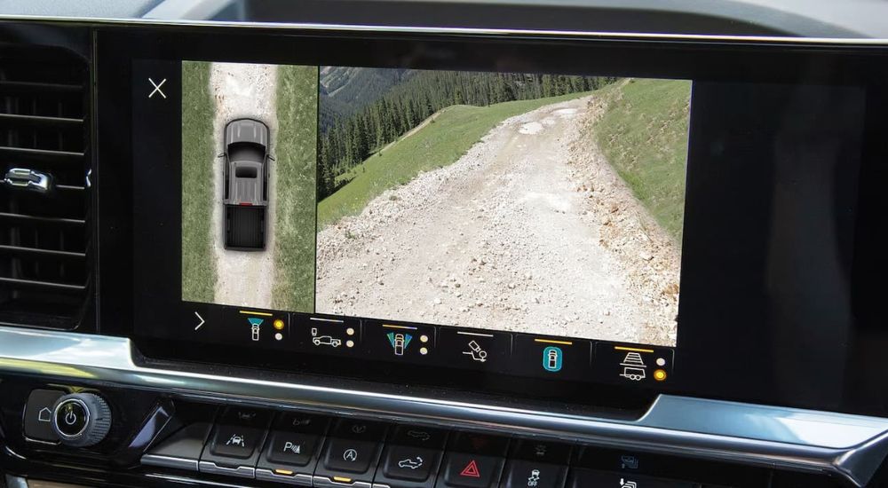 The infotainment system of the 2023 Silverado 1500 shows the HD Surround View camera view.