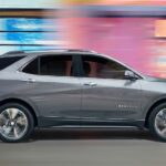 A gray 2023 Chevy Equinox for sale is shown drives past a blue and pink wall.