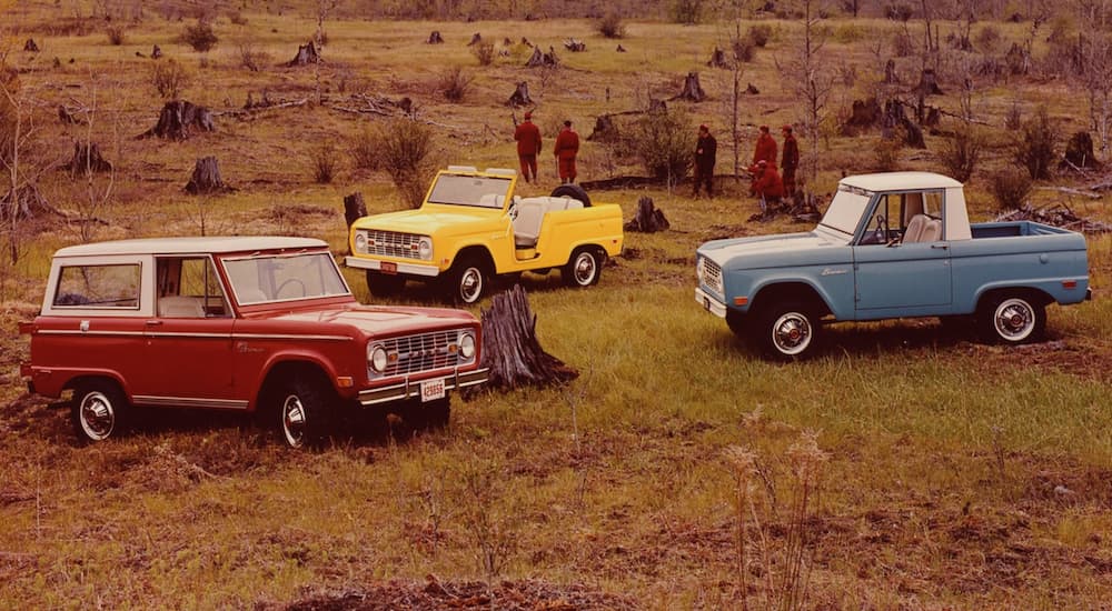 A red, yellow, and blue 1969 Ford bronco lineup is shown parked off road.