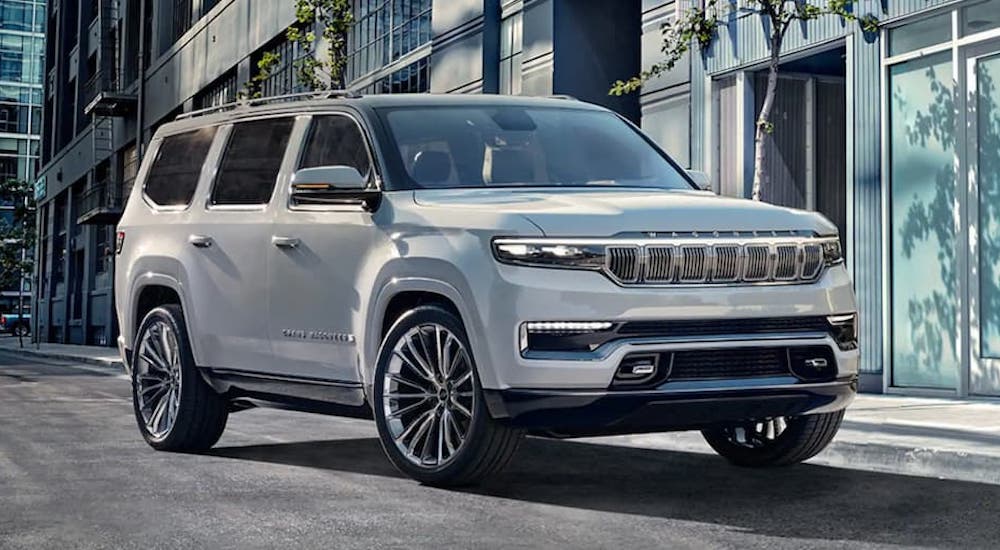 A grey 2022 Grand Wagoneer is shown from the front at an angle.