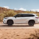 A white 2023 Toyota Highlander is shown driving on a dirt road.