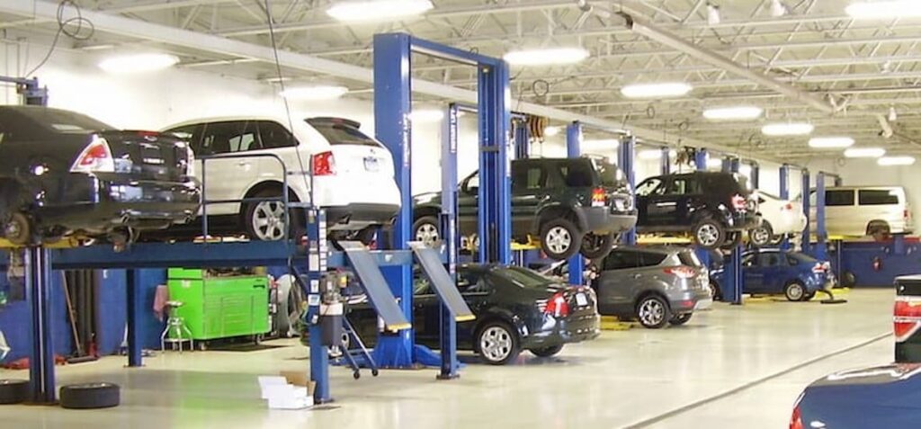 An auto repair shop service department is shown.