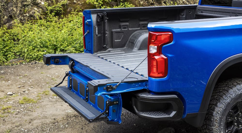 The tailgate of a blue 2024 Chevy Silverado 1500 ZR2 is shown.