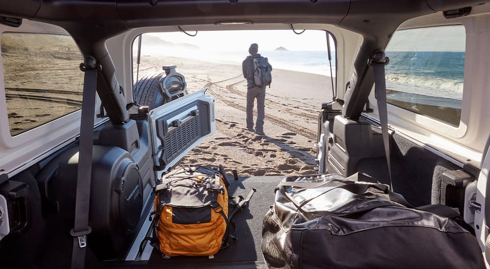The cargo space in a 2020 Jeep Wrangler is shown.
