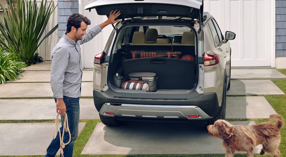 A man and a dog are shown behind a tan 2023 Nissan Rogue Platinum in a driveway.