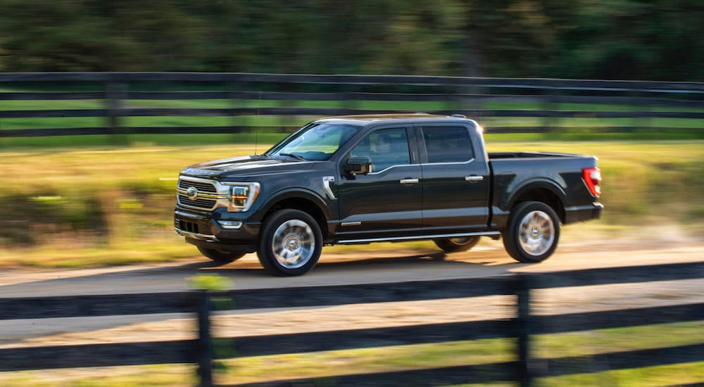 A black 2021 Ford F-150 is shown driving on a dirt road.