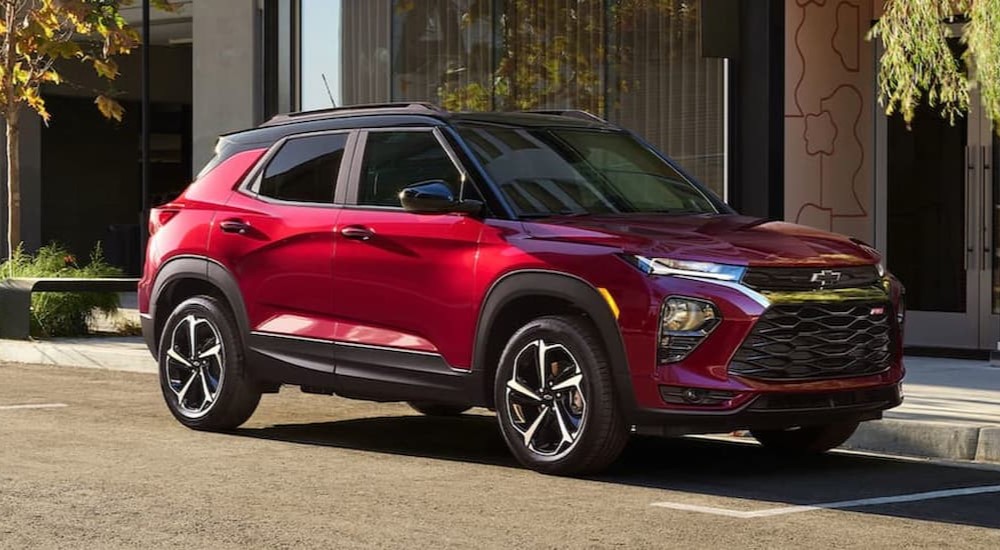 A red 2021 Chevy Trailblazer is shown parked on a street.