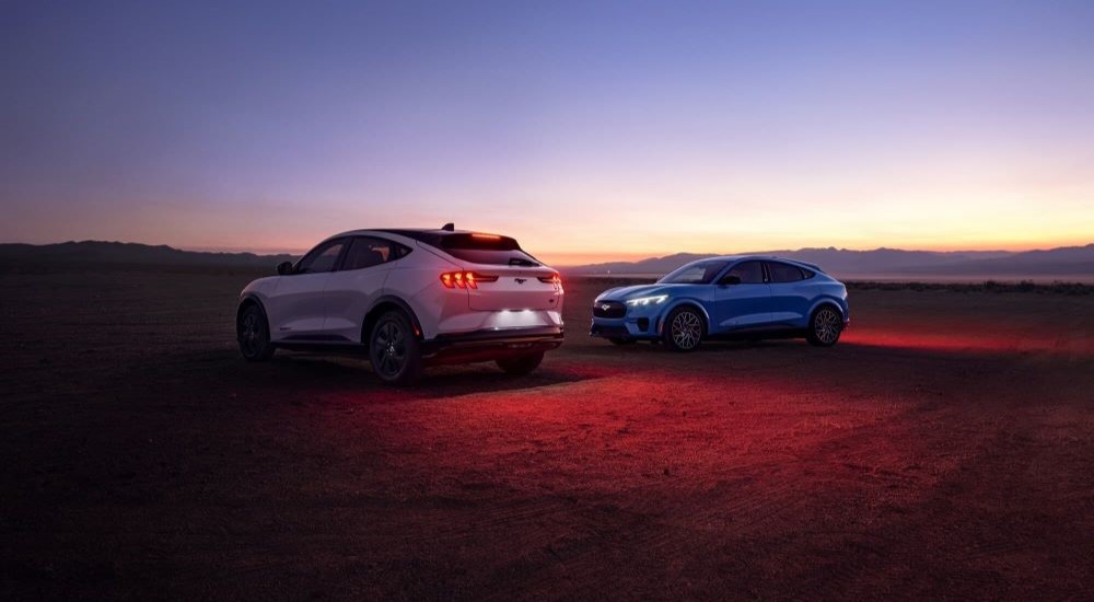 A white and a blue 2023 Ford Mustang Mach-E are shown parked at dusk.