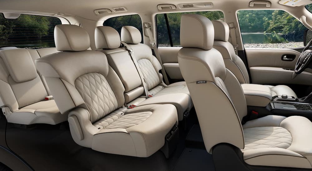 The white rear interior of a 2023 Nissan Armada is shown after winning a 2023 Nissan Armada vs. the 2023 Toyota Sequoia comparison.