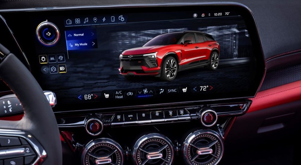 A close up shows the infotainment screen in a 2024 Chevy Blazer EV.