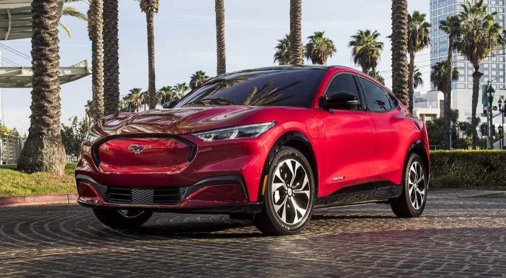 A red 2021 Ford Mustang Mach-E is shown parked near palm trees.