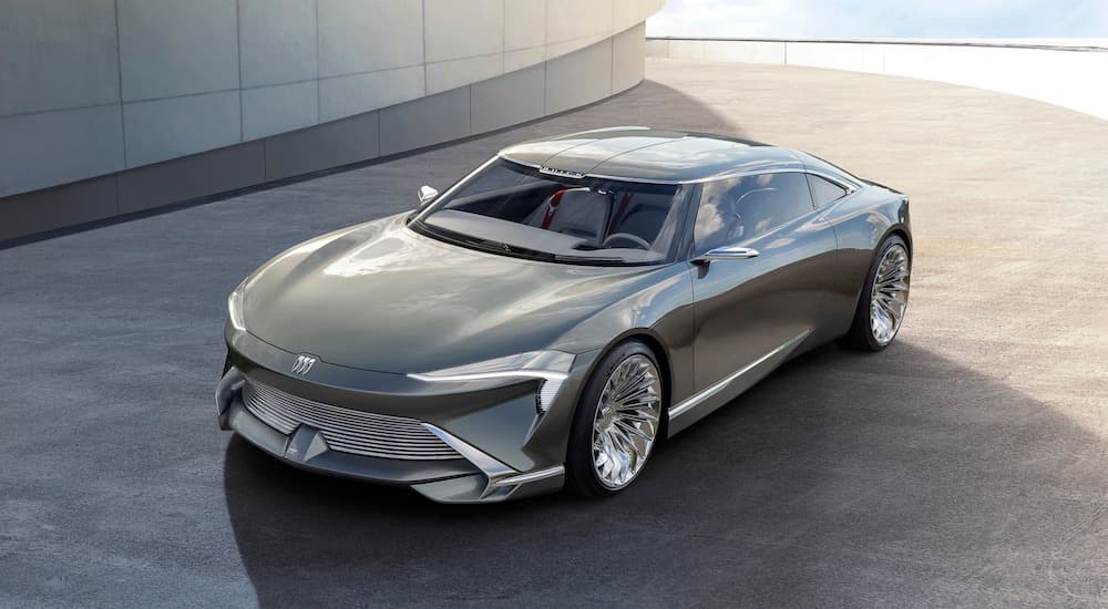 A silver Buick Wildcat EV concept is shown from the front at an angle.