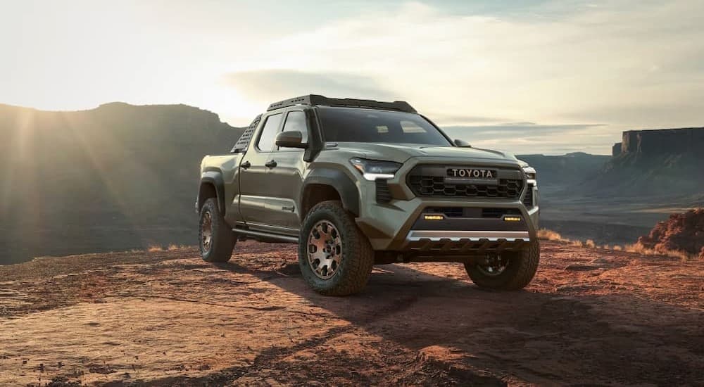 A green 2024 Toyota Tacoma is shown parked off-road.