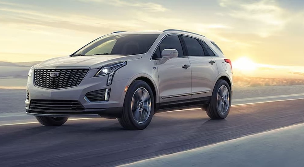 A white 2024 Cadillac XT5 for sale is shown to be driving on a road.