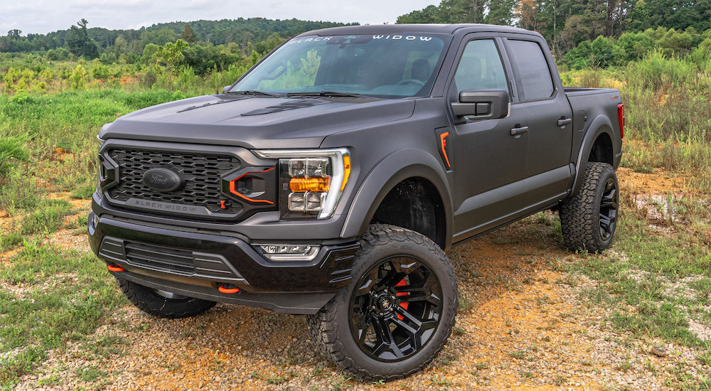 A black 2021 Ford F-150 Black Widow Edition is shown, a customized Ford F-150 for sale.