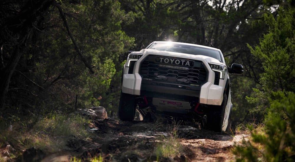 A white 2023 Toyota Tundra TRD Pro is shown driving through a forest trail.