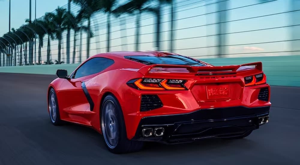 A red 2024 Chevy Corvette Stingray is shown driving on a racetrack.