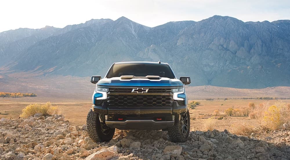 A blue 2024 Chevy Silverado 1500 ZR2 is shown off-roading in a desert during a 2024 Chevy Silverado 1500 vs 2024 Ford F-150 competition.