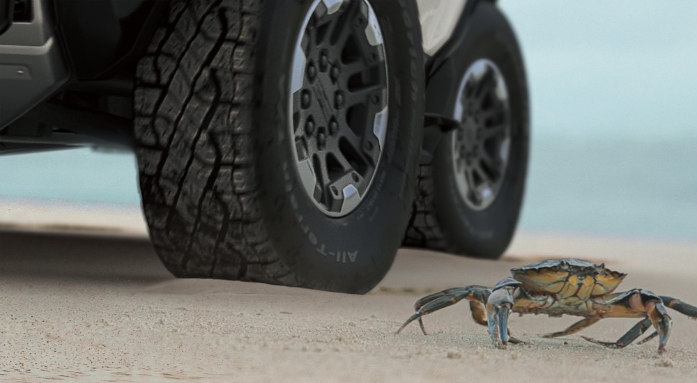 A close-up of the wheels on a 2024 GMC Hummer EV is shown parked near a crab.