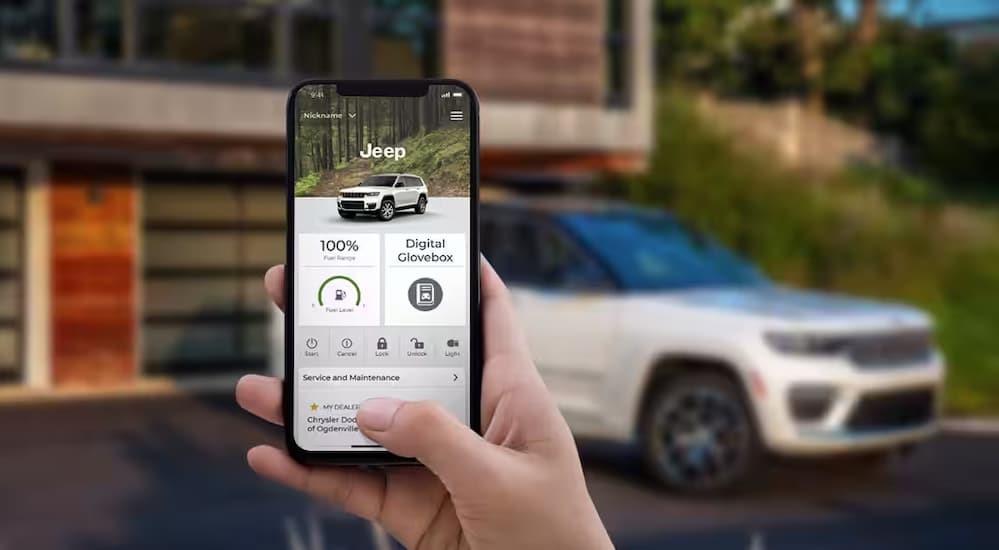 A person is shown using the Jeep Connect app on a phone.