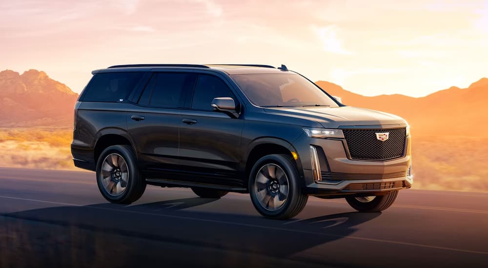 A grey 2024 Cadillac Escalade ESV is shown driving.