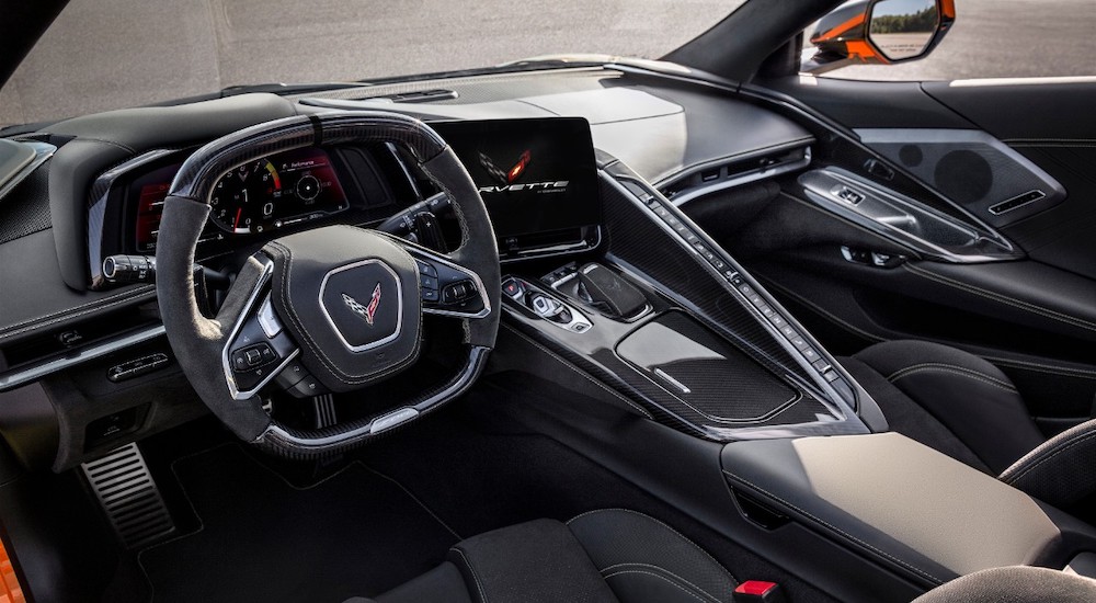 The black interior and dash in a 2024 Chevy Corvette Z06 is shown.