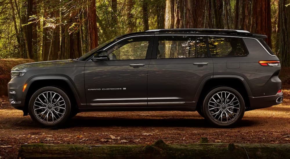 A grey 2024 Jeep Grand Cherokee L is shown parked in a forest.