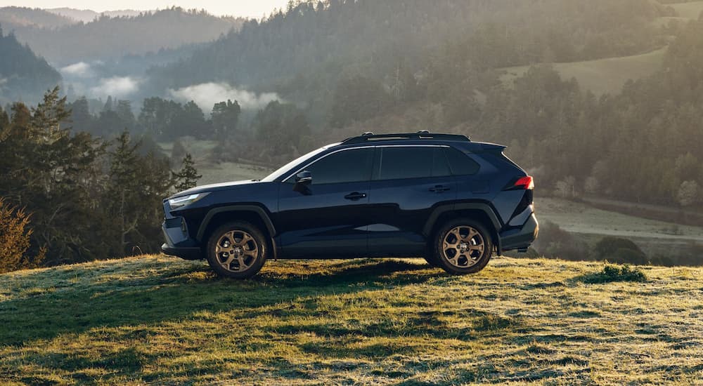 Side view of a blue 2024 Toyota RAV4 Woodland Edition parked on a grassy hill.