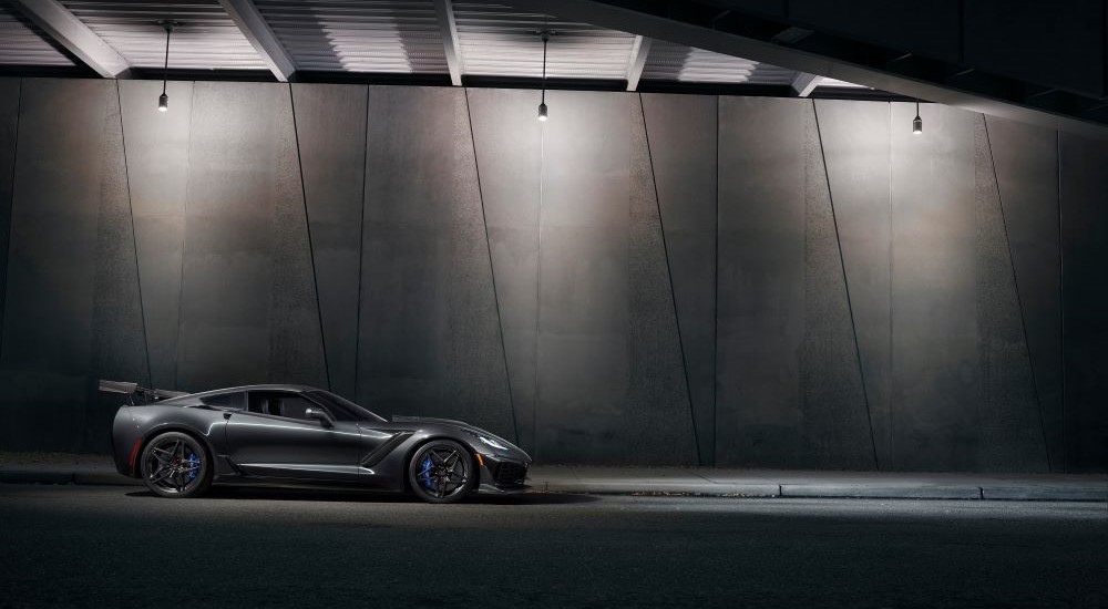 A grey 2019 Chevy Corvette ZR1 is shown parked in a tunnel.