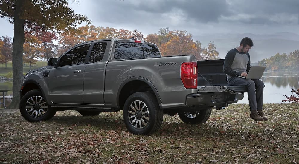 A gray 2022 Ford Ranger Sport is shown parked near a lake.