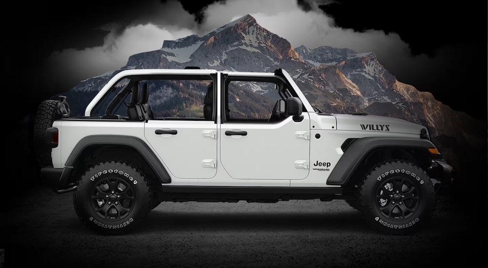 A white 2022 Jeep Wrangler Willys Combined is shown from the side.