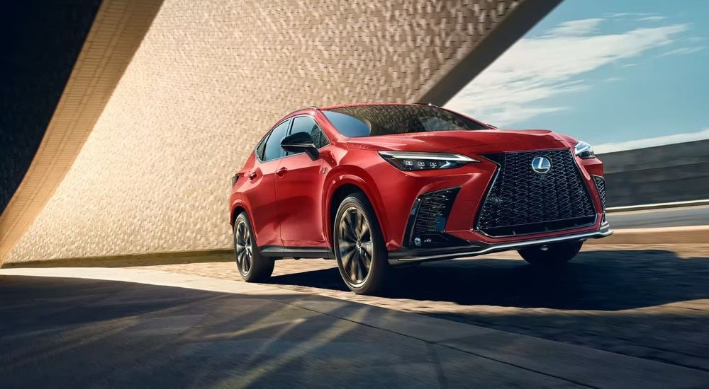 A red 2024 Lexus NX for sale parked in a modern garage.