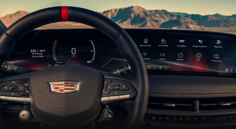 The steering wheel and digital instrument panel in a 2025 Cadillac CT5-V.
