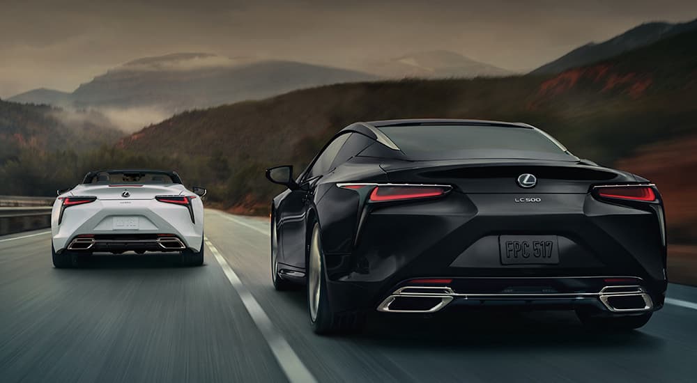 A white 2024 Lexus LC 500 convertible and a black 2024 Lexus LC 500 sedan driving away from the camera towards foggy mountains.
