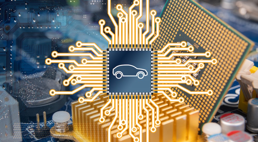 An illustration of a car is shown above a computer chip.