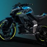 A black, blue and neon yellow CFMOTO 125NK is shown parked near a motorcycle dealer.