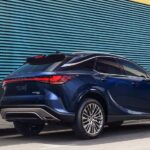 A blue 2023 Lexus RX 350 car for sale is parked next to a blue wall.